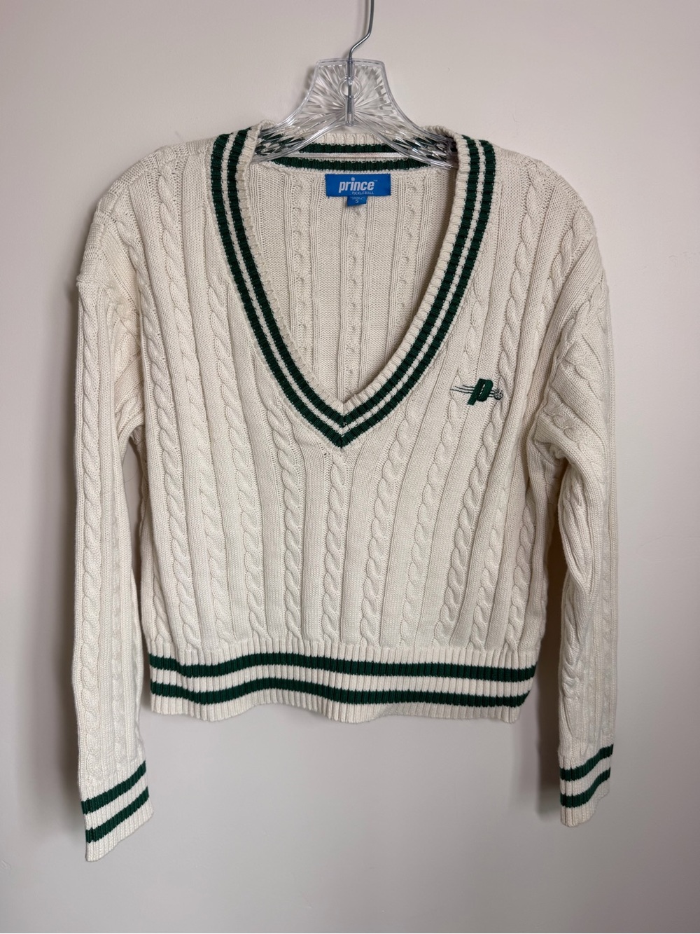 Prince Cream Cable Knit V-Neck Sweater with Green Trim